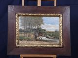 peinture sur chevalet représentant un paysage avec une rivière et un pont