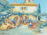 une image représentant un tableau où l'on voit un groupe de personnes devant une maison