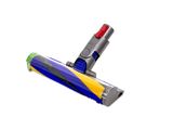 un aspirateur bleu, jaune et rouge sur fond blanc