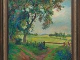a painting of a field with trees and a fence in the foreground
