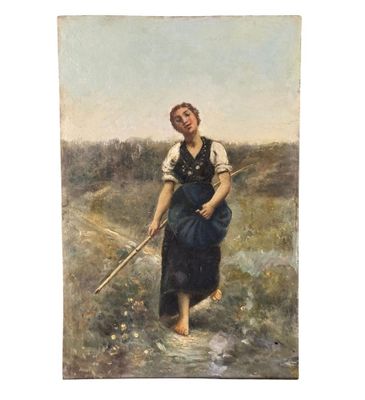 un tableau représentant une femme avec un bâton dans un champ