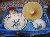 a blue basket with a bowl and a bowl on it
