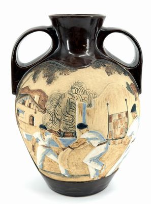 a vase with a painting on it on a white background