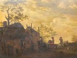 painting of a village scene with a man on a horse and a man on a horse