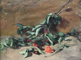 painting of a still life of cherries and leaves on a table