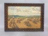 an oil painting of a field of wheat with a sky and clouds in the background