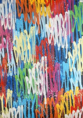 une peinture représentant des éclaboussures de peinture colorée sur un fond noir