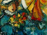 painting of a woman in a blue coat holding a bouquet of flowers and a sailboat
