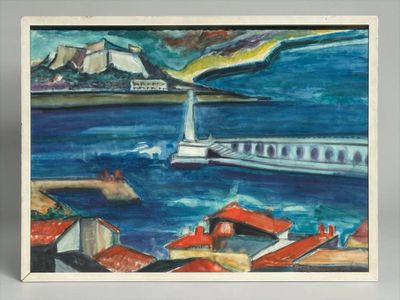an image of a painting of a bridge over a body of water