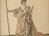 une vieille photo représentant une femme en robe, tenant un bâton