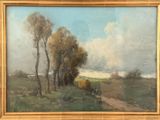 une image représentant un tableau représentant un paysage avec des arbres et une route