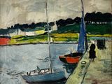 a painting of two boats on a body of water