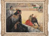 an image of a painting of a bullfight scene with a man and a woman