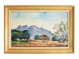 a painting of a farm scene with mountains in the background