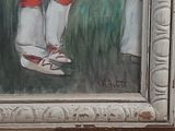 a painting of a man in red pants and a white shirt