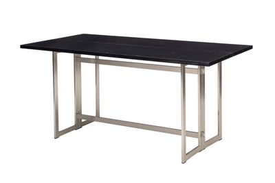 a black marble top dining table with stainless steel legs