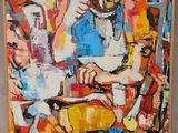 tableau représentant un homme assis à une table devant un tableau