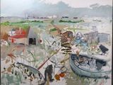 a painting of a boat in a field with a barn in the background