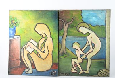 deux tableaux représentant un homme et une femme assis sur un banc
