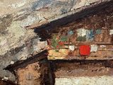 a painting of a house in the mountains with clothes hanging out to dry