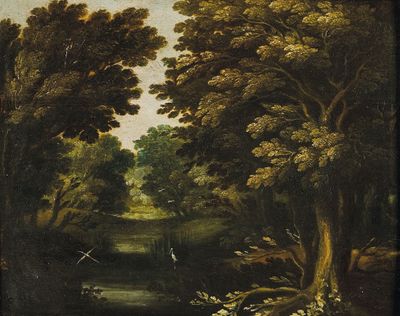 une image représentant un tableau où l'on voit une rivière, des arbres et des oiseaux