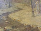 an oil painting of a stream in a wooded area with trees