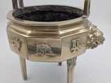 a silver metal bowl with a lion head on it