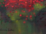 an oil painting of red flowers in a green field