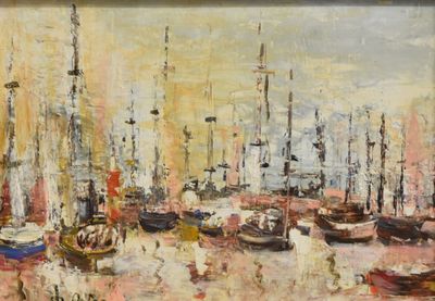a painting of a harbor with many boats in it