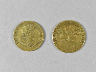 two gold coins, one of which has a bust and the other of which is a bust