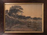 an old picture of a landscape with trees in a wooden frame