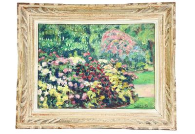 une peinture à l'huile représentant un jardin avec des fleurs et des arbres en arrière-plan