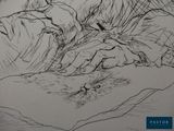 drawing of a cat laying on a pillow with its paw resting on a pillow