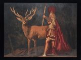 painting of a man dressed in armor with a deer and a red cape