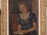 painting of a woman sitting in a chair reading a book
