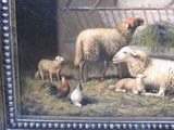 a painting of sheep and chickens in a barn