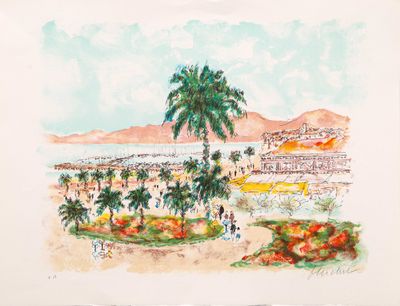 tableau représentant une vue de plage avec des palmiers et des personnes dans l'eau