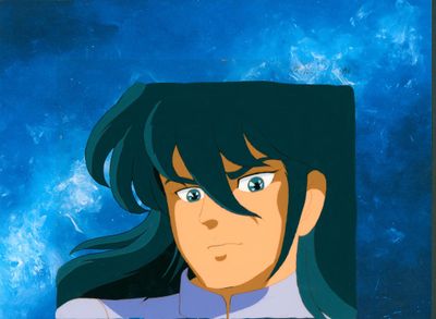 anime girl with long black hair and blue eyes in front of a blue background