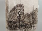 drawing of a street light in front of a building with a clock on it