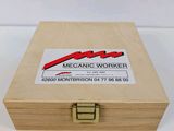 a wooden box with a sticker on it that says the organic worker