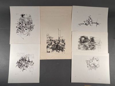 several drawings of a bunch of flowers are on a table