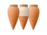 three orange vases with cork tops on a white background