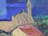 an oil painting of a church on a hill overlooking a body of water