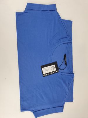 a blue polo shirt with a tag on it
