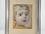 an oil painting of a baby in a frame on a table