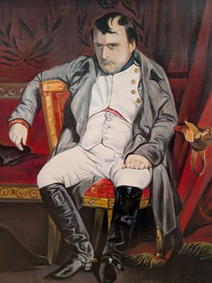 tableau représentant un homme assis sur une chaise rouge, vêtu d'un costume et de bottes