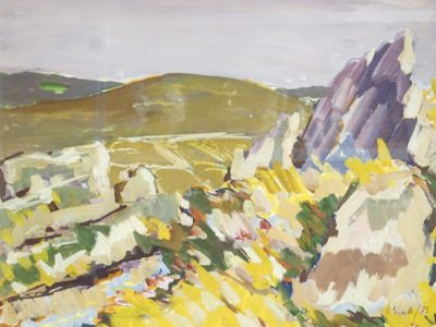 une peinture à l'huile représentant un paysage rocheux avec des fleurs jaunes au premier plan
