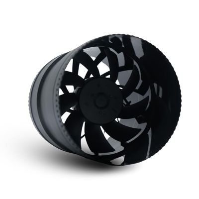black fan on a white background on a white surface