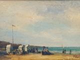 tableau représentant une scène de plage avec des personnes sur le sable et une calèche au premier plan