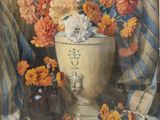tableau représentant un vase de fleurs posé sur une table recouverte d'une nappe à carreaux bleus et blancs